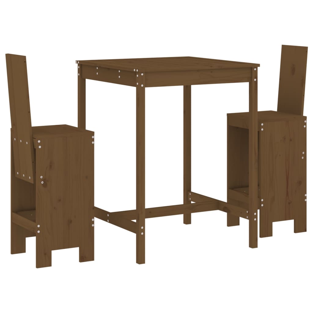 Mesa y taburetes altos de jardin 3 piezas madera pino marrón miel