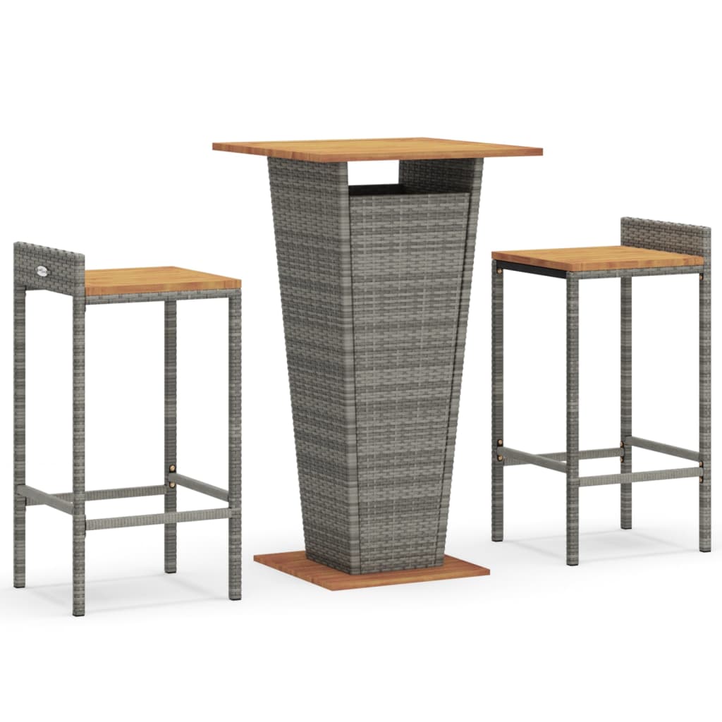 Mesa y taburetes altos jardin 3 piezas madera y ratán pe gris