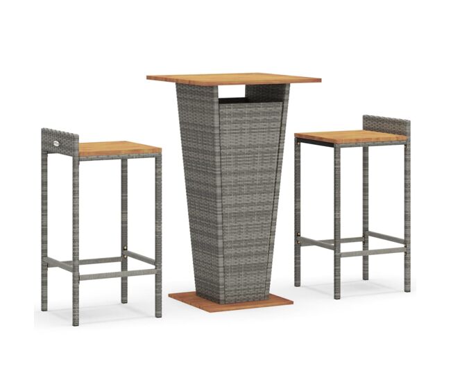 Mesa y taburetes altos jardin 3 piezas madera y ratán pe gris