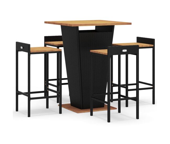 Mesa bar y taburetes jardin 5 piezas madera acacia ratán pe negro