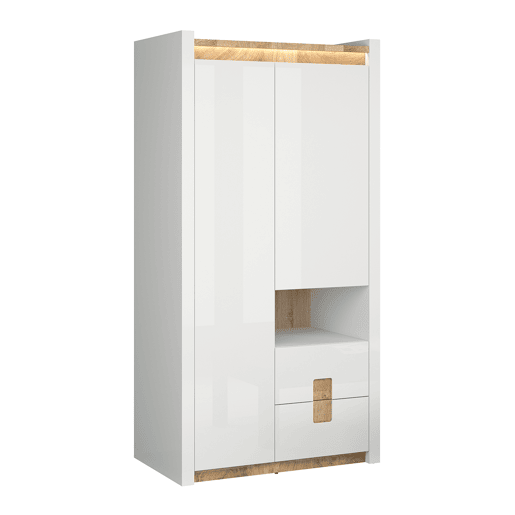 Roupeiro 2 portas 2 gavetas 1 nicho com LED Helios Branco laqué e Madeira