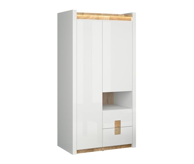 Armario 2 puertas 2 cajones 1 compartimiento con led helios blanco lacado y madera