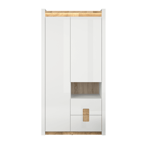 Roupeiro 2 portas 2 gavetas 1 nicho com LED Helios Branco laqué e Madeira