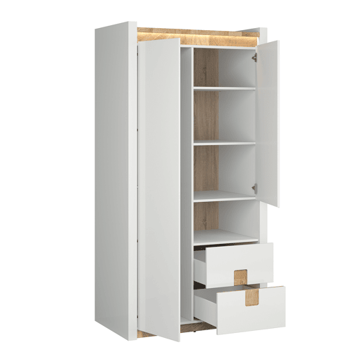 Roupeiro 2 portas 2 gavetas 1 nicho com LED Helios Branco laqué e Madeira
