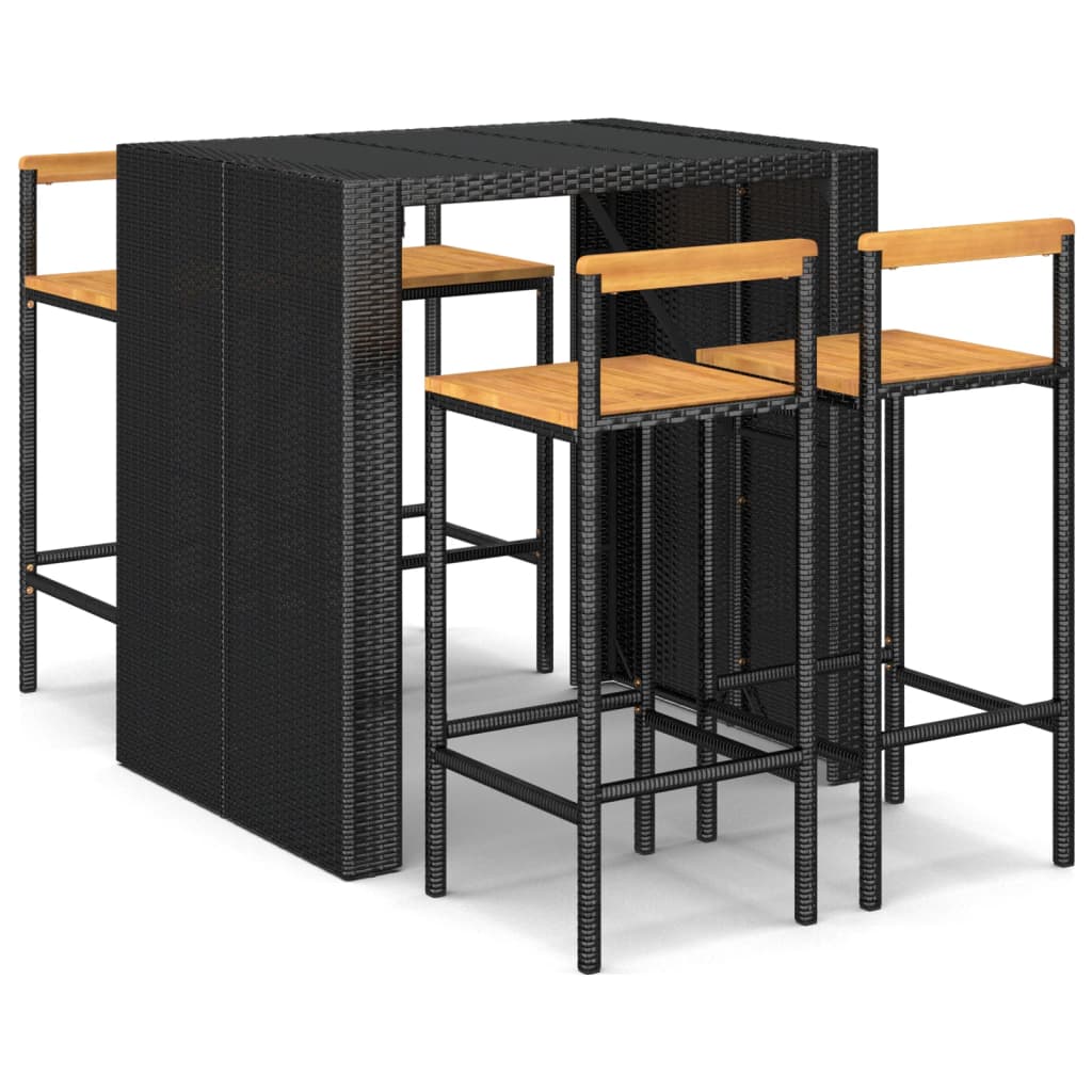 Mesa bar y taburetes jardin 5 piezas madera acacia ratán pe negro