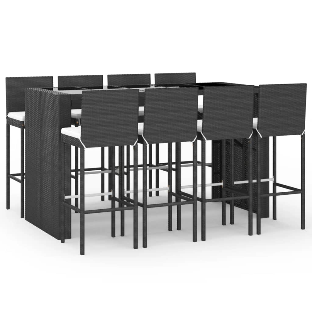 Mesa y taburetes altos jardin 9 piezas y cojines ratán pe negro