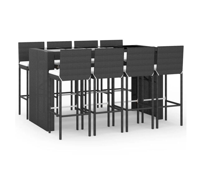 Mesa y taburetes altos jardin 9 piezas y cojines ratán pe negro