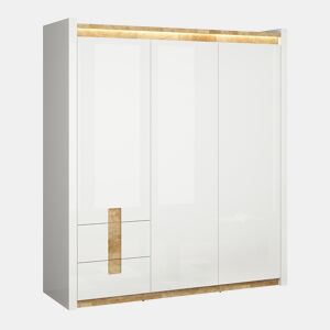 Roupeiro 3 portas com LED Helios Branco laqué e Madeira