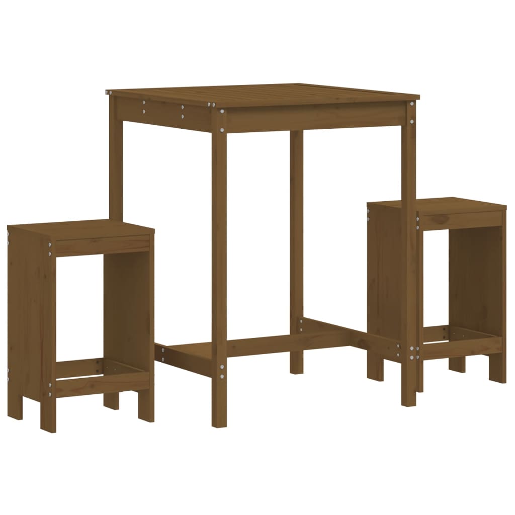 Mesa y taburetes altos de jardin 3 piezas madera pino marrón miel