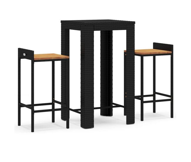 Mesa bar y taburetes jardin 3 piezas madera acacia ratán pe negro