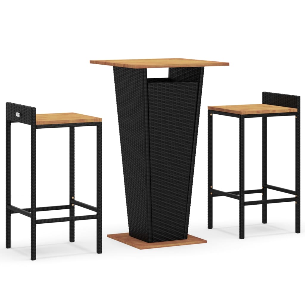 Mesa bar y taburetes jardin 3 piezas madera acacia ratán pe negro