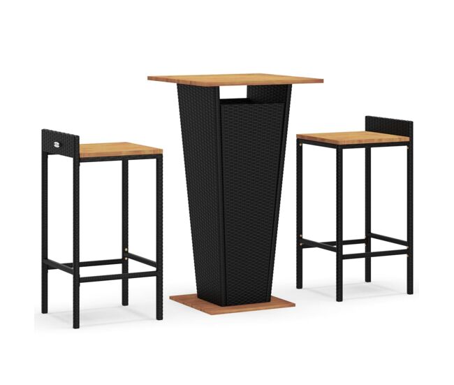 Mesa bar y taburetes jardin 3 piezas madera acacia ratán pe negro
