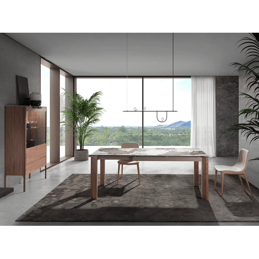 ANGEL CERDA Mesa de jantar extensível retangular mármore porcelânico e nogueira