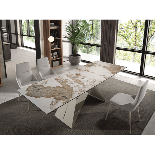 ANGEL CERDA Mesa de jantar extensível retangular em mármore porcelânico e aço cinzento taupe