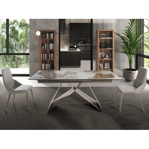 ANGEL CERDA Mesa de jantar extensível retangular em mármore porcelânico e aço cinzento taupe