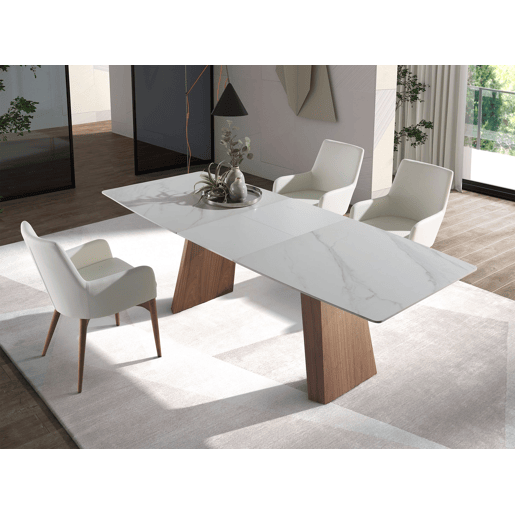 ANGEL CERDA Mesa de jantar extensível barril oval mármore porcelânico e nogueira ANGEL CERDA Mesa de jantar extensível barril oval mármore porcelânico e nogueira