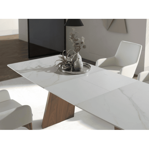 ANGEL CERDA Mesa de jantar extensível barril oval mármore porcelânico e nogueira ANGEL CERDA Mesa de jantar extensível barril oval mármore porcelânico e nogueira