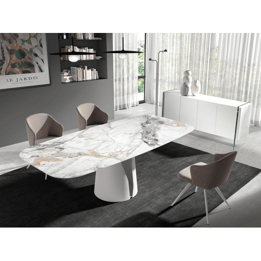 ANGEL CERDA Tabela de jantar barril oval mármore porcelânico e aço branco ANGEL CERDA Tabela de jantar barril oval mármore porcelânico e aço branco