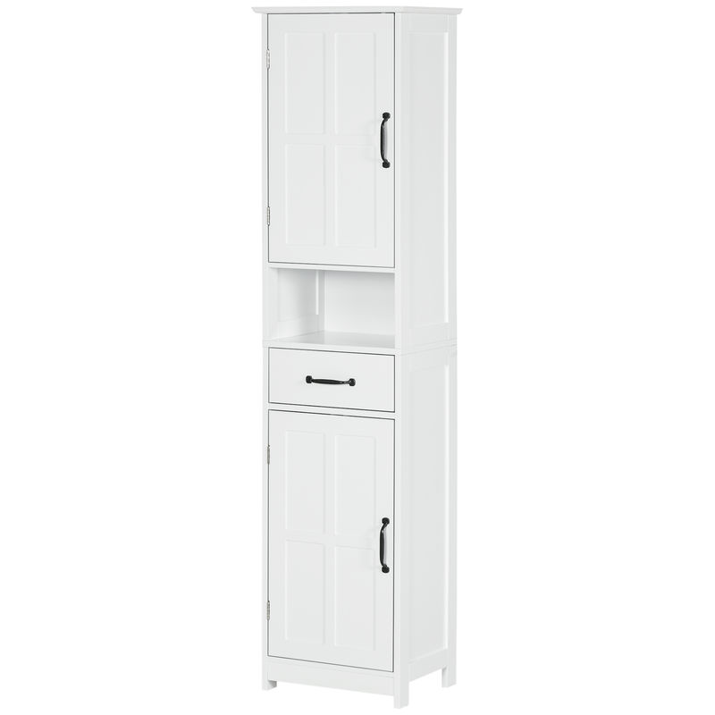 Kleankin columna de baño armario de baño alto con 2 puertas 1 cajón estante abierto y estantes ajustables antivuelco 40x30x164 cm blanco