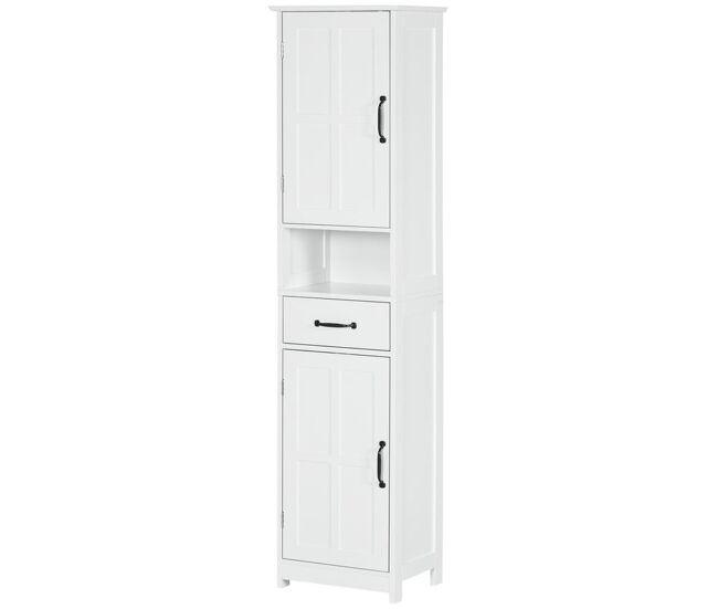 Kleankin columna de baño armario de baño alto con 2 puertas 1 cajón estante abierto y estantes ajustables antivuelco 40x30x164 cm blanco