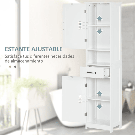 kleankin Coluna de Casa de Banho Móvel Auxiliar de Casa de Banho com 2 Portas 1 Gaveta Prateleira Aberta e Prateleiras Ajustáveis 40x30x164 cm Branco