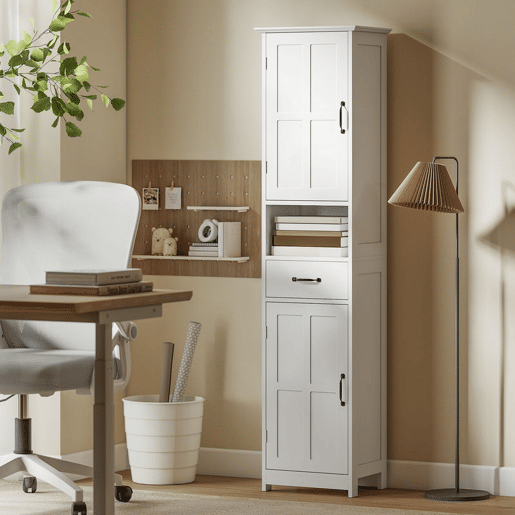 kleankin Coluna de Casa de Banho Móvel Auxiliar de Casa de Banho com 2 Portas 1 Gaveta Prateleira Aberta e Prateleiras Ajustáveis 40x30x164 cm Branco