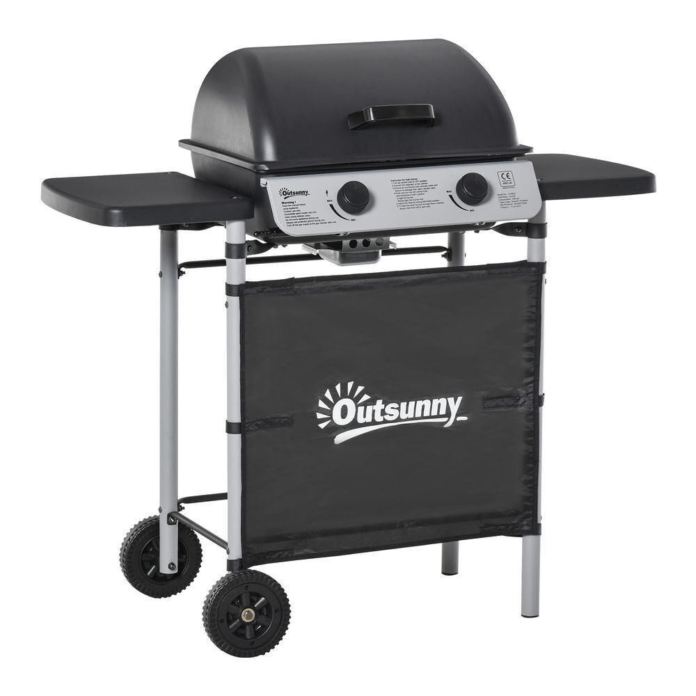 Outsunny barbacoa de gas con 2 quemadores 5,6 kw bbq de gas con 2 ruedas 2 mesas laterales y parrillas de acero para picnic camping 104x49x99 cm negro
