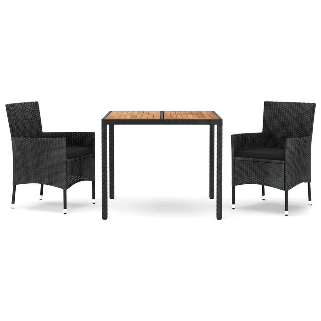 Set comedor de jardin 3 piezas con cojines ratán sintético negro
