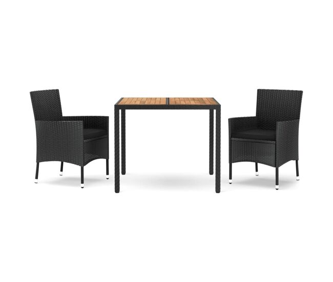 Set comedor de jardin 3 piezas con cojines ratán sintético negro