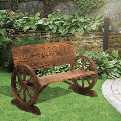 Outsunny Banco de Jardim de Madeira Banco de Exterior com Apoio para os Braços e 2 Rodas Decorativas Estilo Rústico Carga 250 kg para Pátio Varanda 114x58x80 cm Marrom Carbonizado