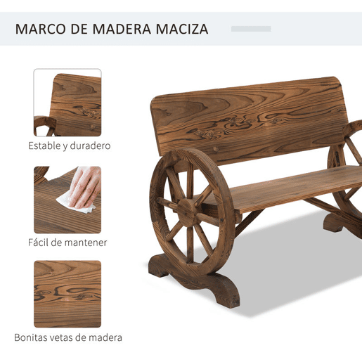 Outsunny Banco de Jardim de Madeira Banco de Exterior com Apoio para os Braços e 2 Rodas Decorativas Estilo Rústico Carga 250 kg para Pátio Varanda 114x58x80 cm Marrom Carbonizado