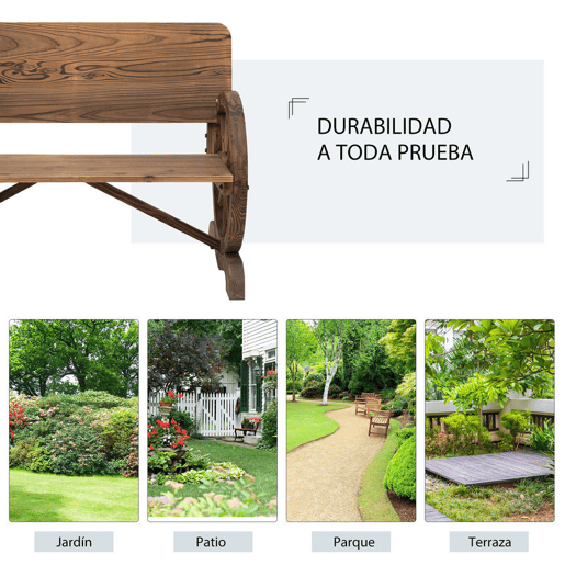 Outsunny Banco de Jardim de Madeira Banco de Exterior com Apoio para os Braços e 2 Rodas Decorativas Estilo Rústico Carga 250 kg para Pátio Varanda 114x58x80 cm Marrom Carbonizado