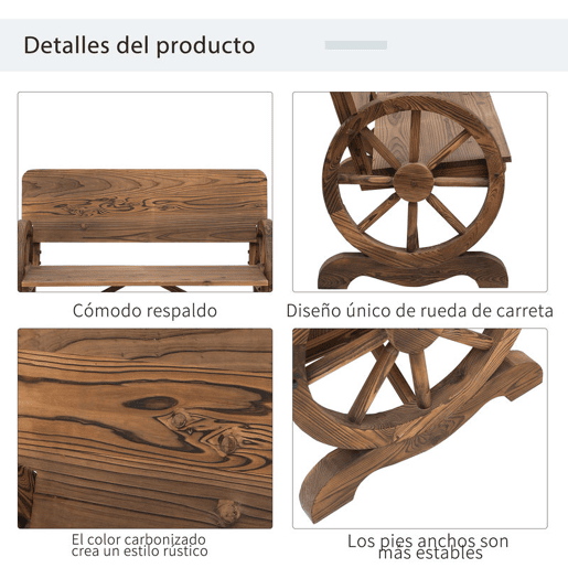 Outsunny Banco de Jardim de Madeira Banco de Exterior com Apoio para os Braços e 2 Rodas Decorativas Estilo Rústico Carga 250 kg para Pátio Varanda 114x58x80 cm Marrom Carbonizado