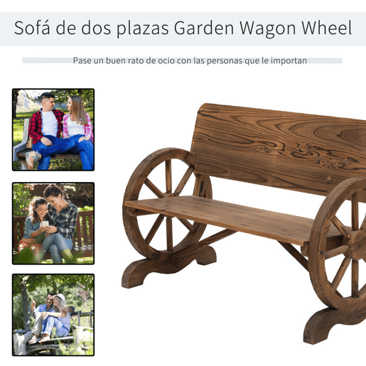 Outsunny Banco de Jardim de Madeira Banco de Exterior com Apoio para os Braços e 2 Rodas Decorativas Estilo Rústico Carga 250 kg para Pátio Varanda 114x58x80 cm Marrom Carbonizado