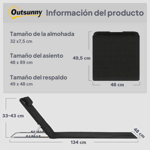Outsunny Conjunto de 2 Esteiras de Praia com Encosto Reclinável em 5 Níveis Bolsa de Transporte e Apoio de Cabeça 48x134x33-43 cm Preto