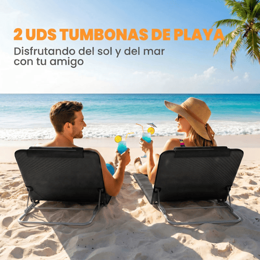 Outsunny Conjunto de 2 Esteiras de Praia com Encosto Reclinável em 5 Níveis Bolsa de Transporte e Apoio de Cabeça 48x134x33-43 cm Preto