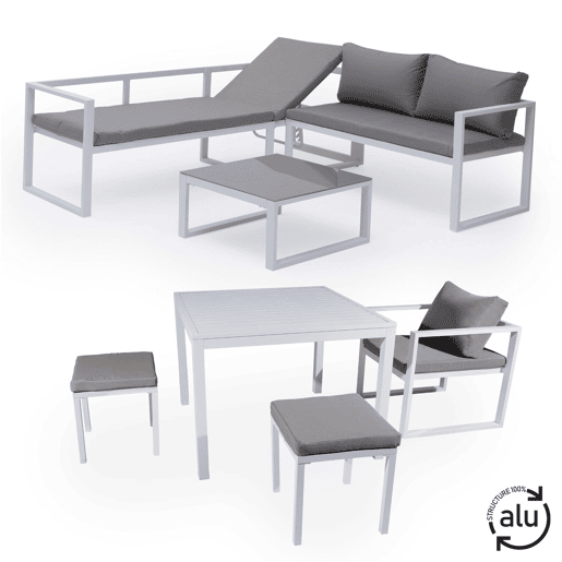 Conjunto de jardín ajustable IBIZA tela gris 7 plazas - aluminio blanco
