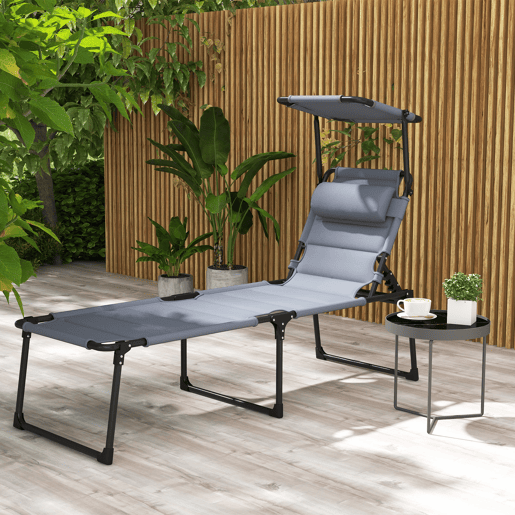 Outsunny Espreguiçadeira Dobrável, Espreguiçadeira de Jardim Exterior com Toldo Ajustável, Encosto Regulável em 4 Níveis, Almofada de Cabeça, Almofada Extra Grossa, para Terraço, Piscina, 70x200x45 cm, Cinzento