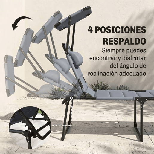 Outsunny Espreguiçadeira Dobrável, Espreguiçadeira de Jardim Exterior com Toldo Ajustável, Encosto Regulável em 4 Níveis, Almofada de Cabeça, Almofada Extra Grossa, para Terraço, Piscina, 70x200x45 cm, Cinzento