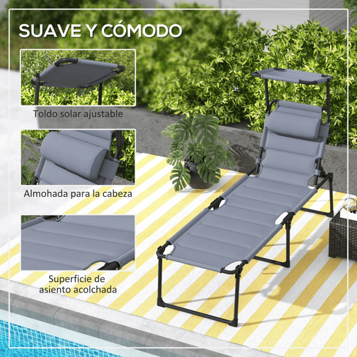 Outsunny Espreguiçadeira Dobrável, Espreguiçadeira de Jardim Exterior com Toldo Ajustável, Encosto Regulável em 4 Níveis, Almofada de Cabeça, Almofada Extra Grossa, para Terraço, Piscina, 70x200x45 cm, Cinzento