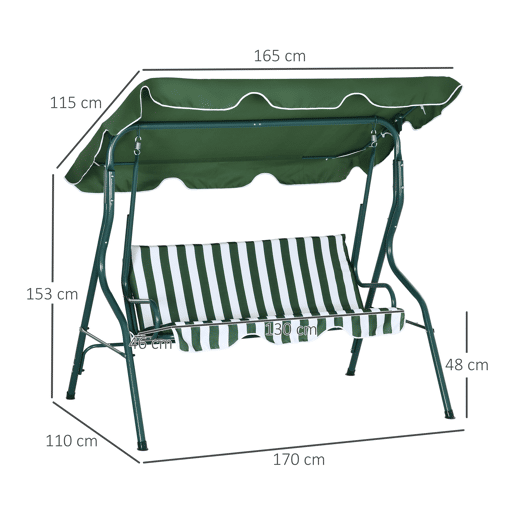 Outsunny Baloiço de Jardim para 2-3 Pessoas, Baloiço de Exterior com Toldo Ajustável, Impermeável e Estrutura de Aço, para Jardim, Varanda, 170x110x153 cm, Verde