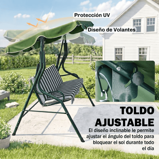 Outsunny Baloiço de Jardim para 2-3 Pessoas, Baloiço de Exterior com Toldo Ajustável, Impermeável e Estrutura de Aço, para Jardim, Varanda, 170x110x153 cm, Verde