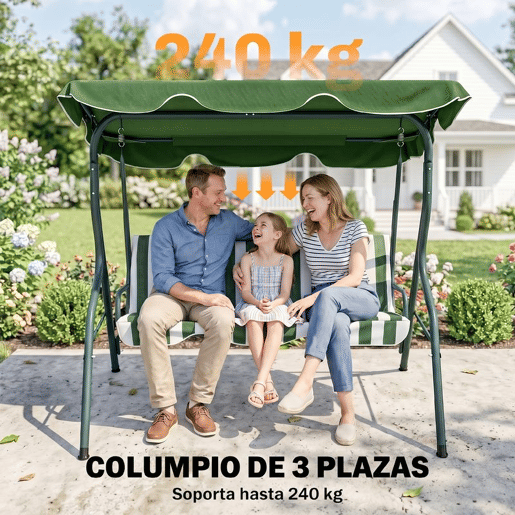 Outsunny Baloiço de Jardim para 2-3 Pessoas, Baloiço de Exterior com Toldo Ajustável, Impermeável e Estrutura de Aço, para Jardim, Varanda, 170x110x153 cm, Verde