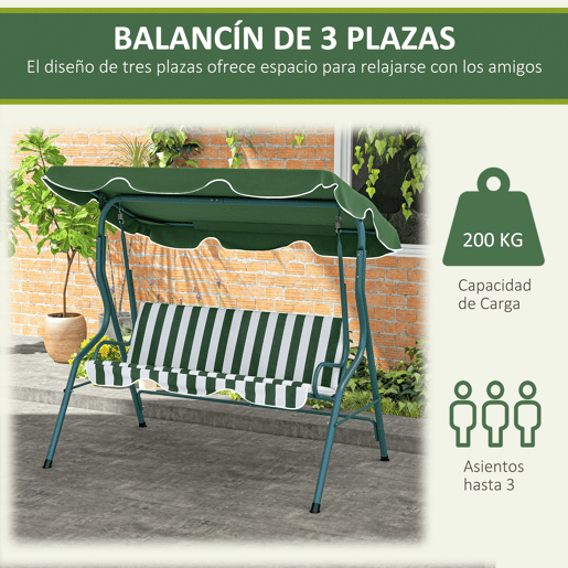 Outsunny Baloiço de Jardim para 2-3 Pessoas, Baloiço de Exterior com Toldo Ajustável, Impermeável e Estrutura de Aço, para Jardim, Varanda, 170x110x153 cm, Verde