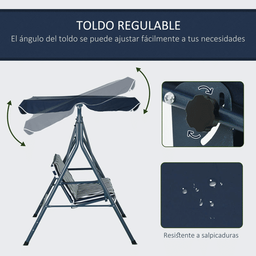 Outsunny Baloiço de Jardim de 3 Lugares com Almofada Toldo Ajustável e Estrutura de Metal para Balcão Terraço Patio Carga Máx. 300kg 172x110x153cm Azul e Branco