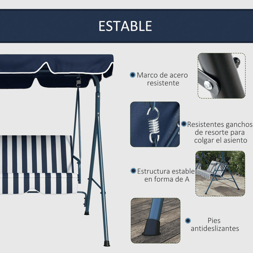 Outsunny Baloiço de Jardim de 3 Lugares com Almofada Toldo Ajustável e Estrutura de Metal para Balcão Terraço Patio Carga Máx. 300kg 172x110x153cm Azul e Branco