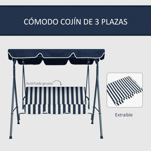 Outsunny Baloiço de Jardim de 3 Lugares com Almofada Toldo Ajustável e Estrutura de Metal para Balcão Terraço Patio Carga Máx. 300kg 172x110x153cm Azul e Branco