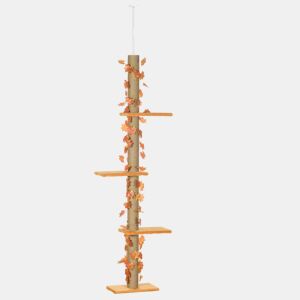 PawHut Árvore para Gatos do Chão ao Teto 37x21x202-242 cm Torre Arranhador para Gatos com Altura Ajustável 3 Plataformas Poste de Juta e Decoração de Folha de Acer Laranja