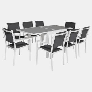 Conjunto de jardín LAMPEDUSA extensible en textileno gris 8 plazas aluminio blanco