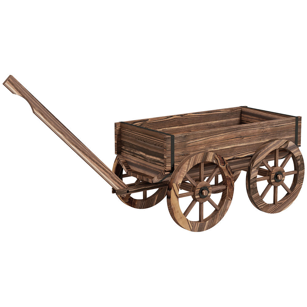 Outsunny jardinera de madera macetero exterior en forma de carrito con 4 ruedas y mango para balcón jardín patio 120x41x54 cm carbonizado